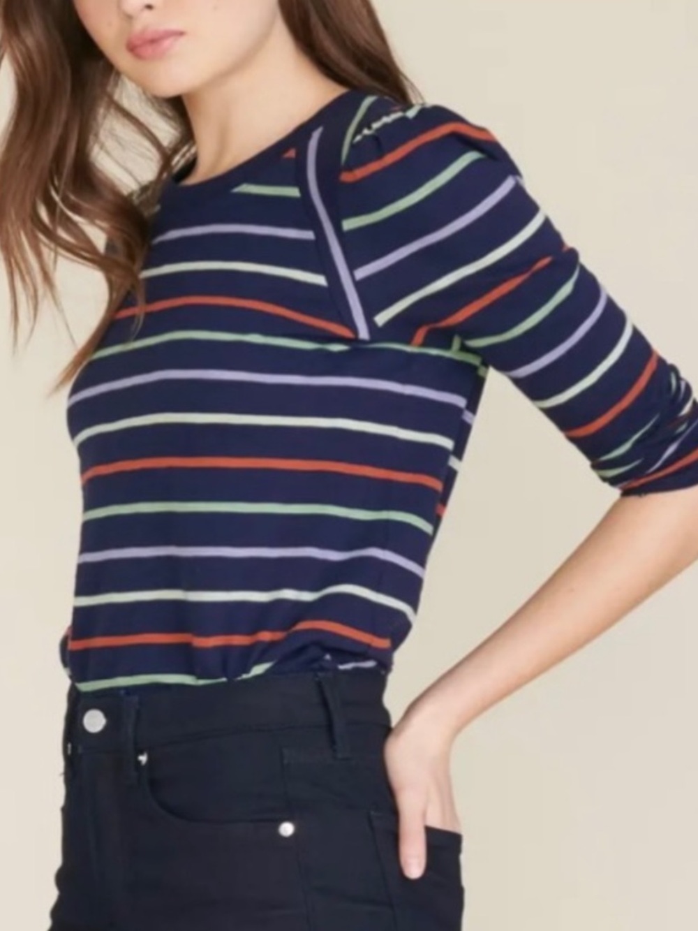 Veronica Beard Mason Striped Puff Sleeve Long Sleeve Top Baseball Tee Small